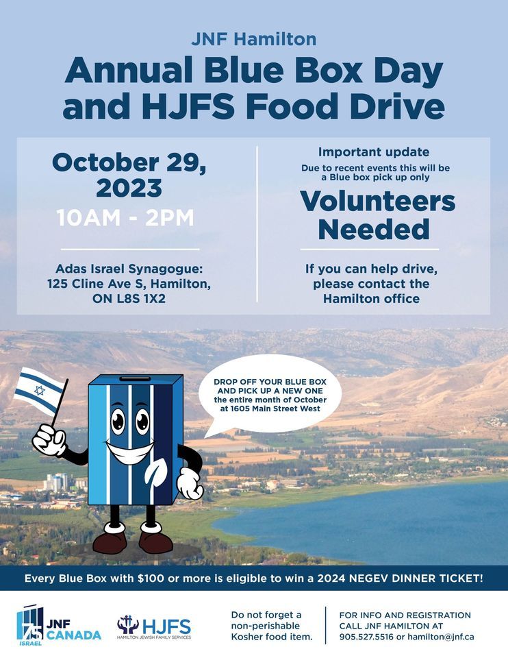 JNF Hamiltons Annual Blue Box Day and HJFS Food Drive, 125 Cline Ave S ...