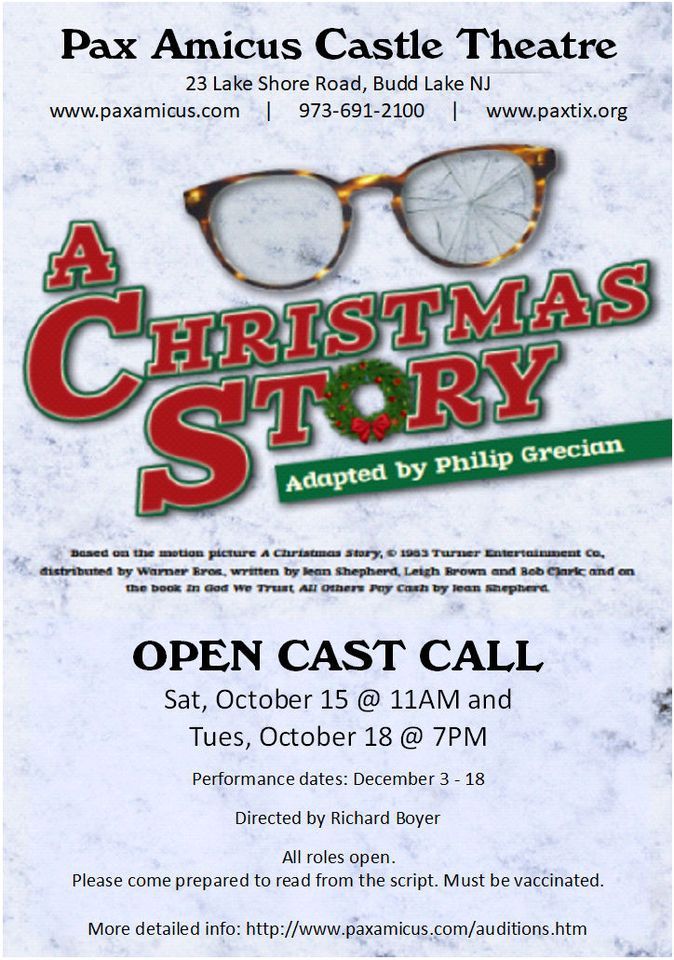 AUDITIONS A Christmas Story, Pax Amicus Castle Theatre, Budd Lake
