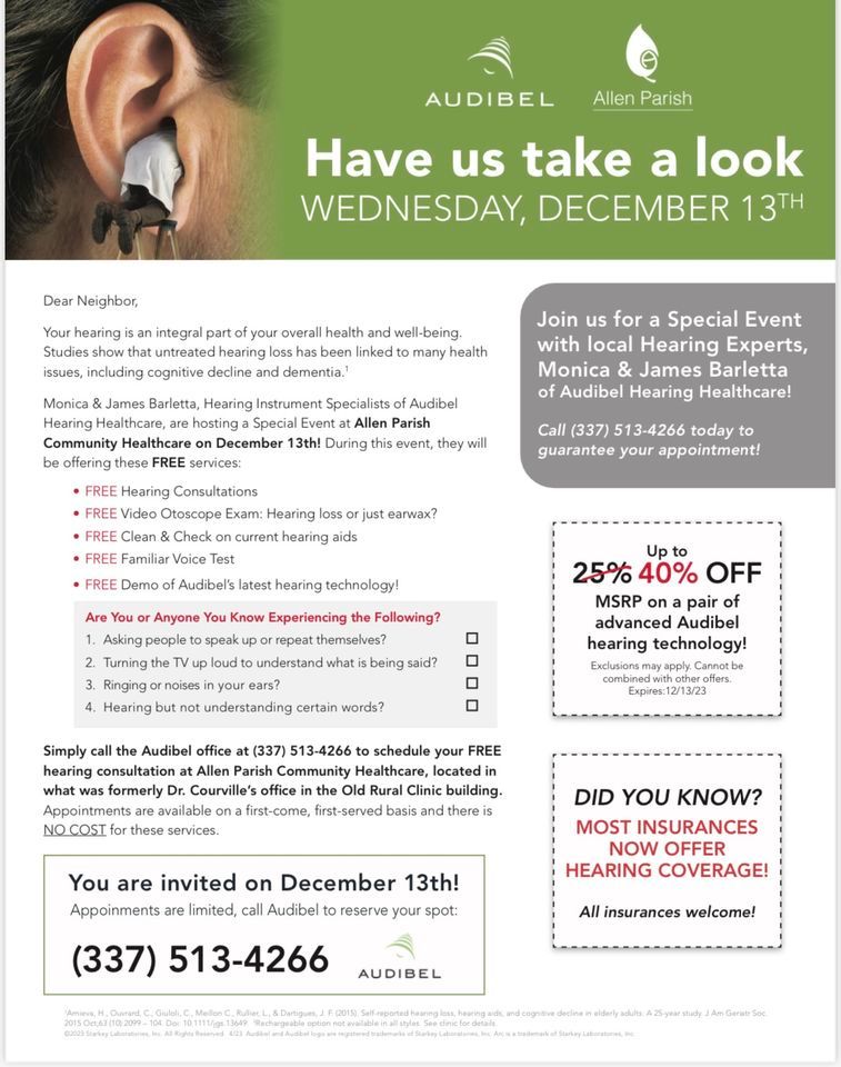 Audibel Hearing Event , Allen Parish Community Healthcare, Kinder