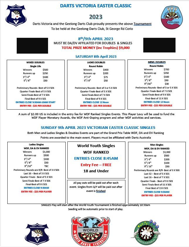 DARTS VICTORIA EASTER CLASSIC 2023, Geelong Dart Club, Drysdale, April