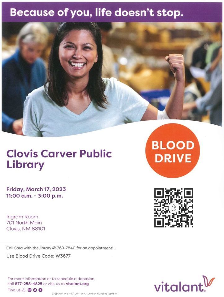Blood Drive (appts at ClovisCarver Public Library, 17 March 2023 AllEvents.in