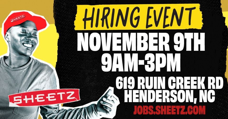Sheetz Hiring Event Henderson, NC, 619 Ruin Creek Road, Henderson, NC 27536, November 9 2023