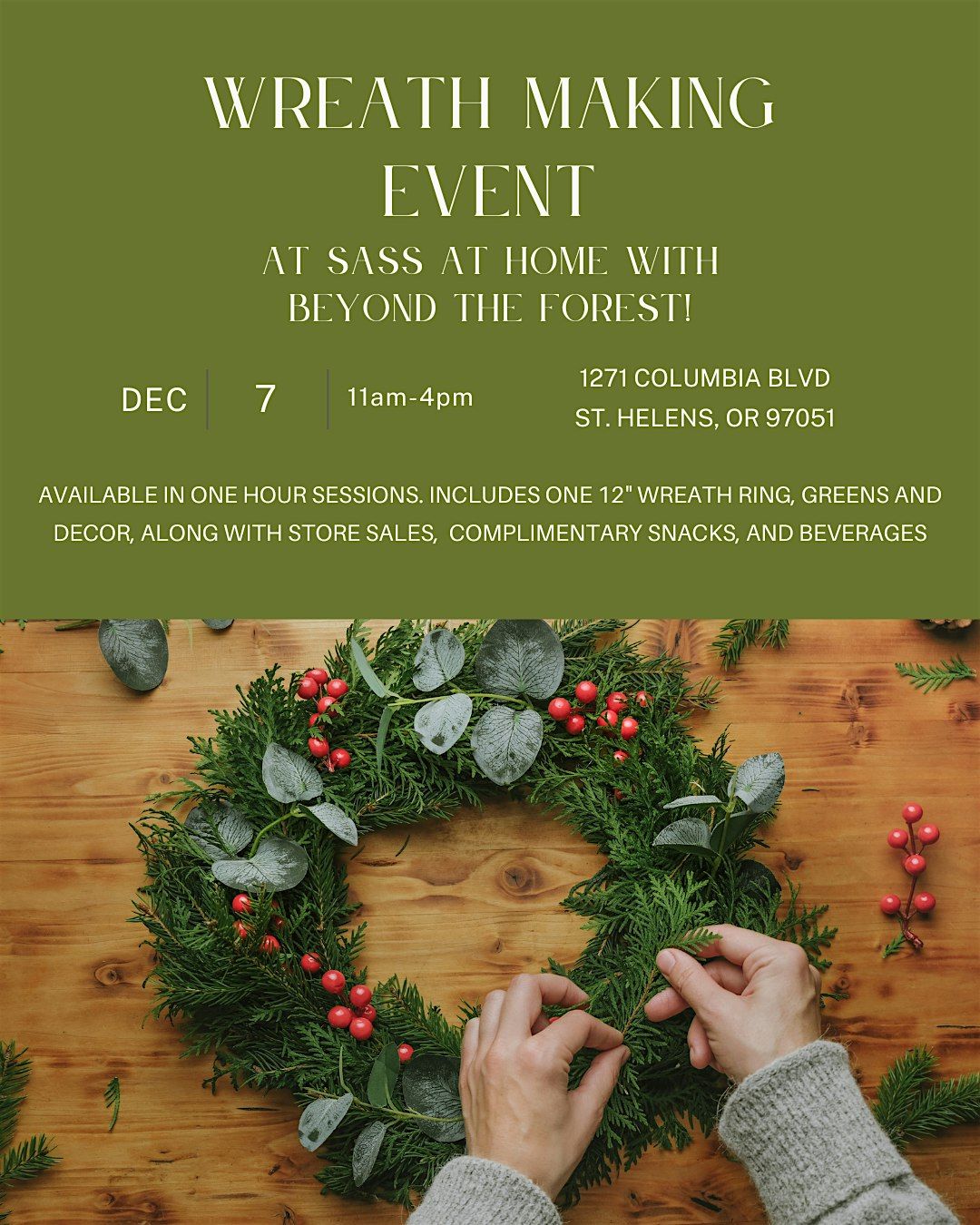 Sunday 12/7 - Holiday Wreath Making at Sass at Home with Beyond the Forest | Event in St. Helens | AllEvents