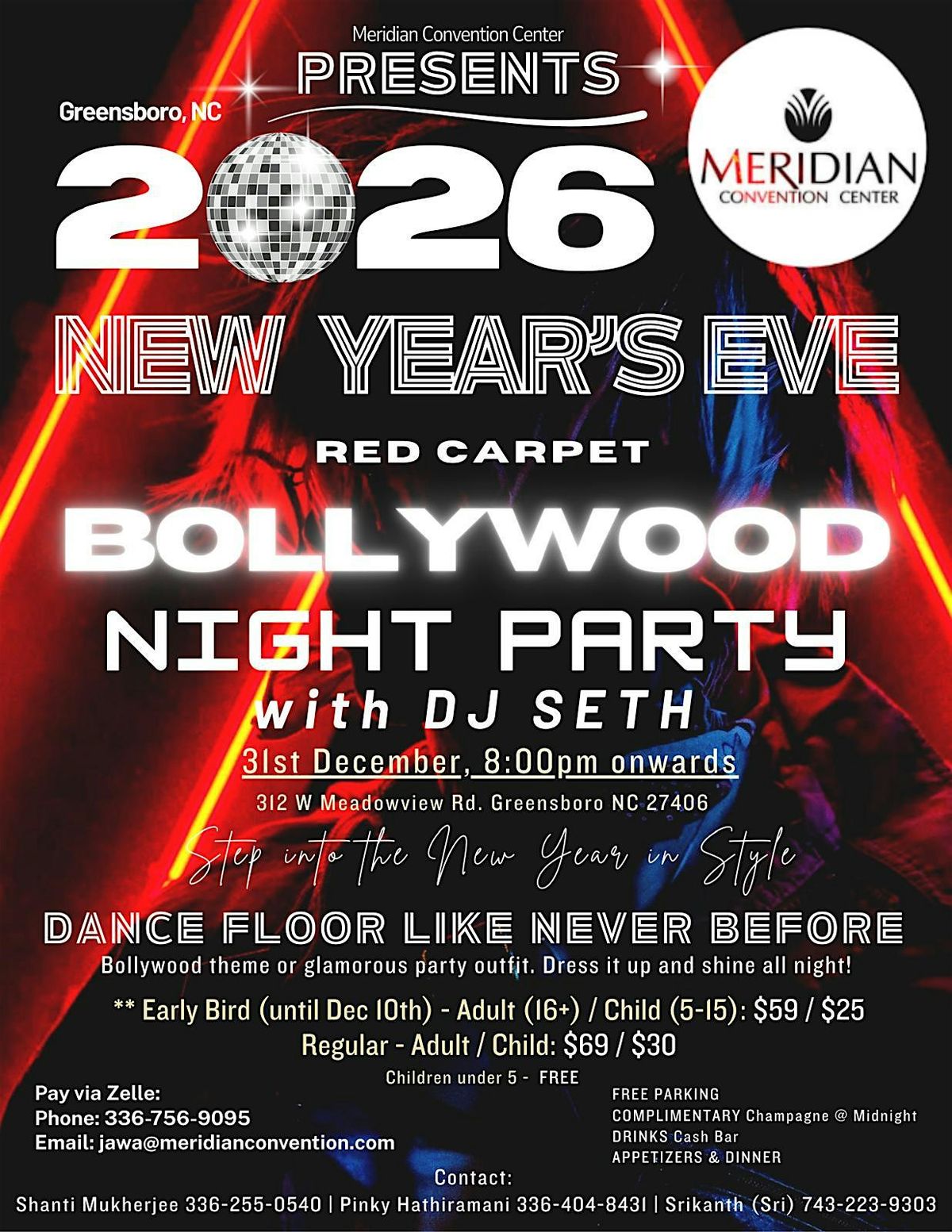 New Year’s Eve 2026  Red Carpet Bollywood Night Party @ Meridian Convention, 31 December | Event in Greensboro