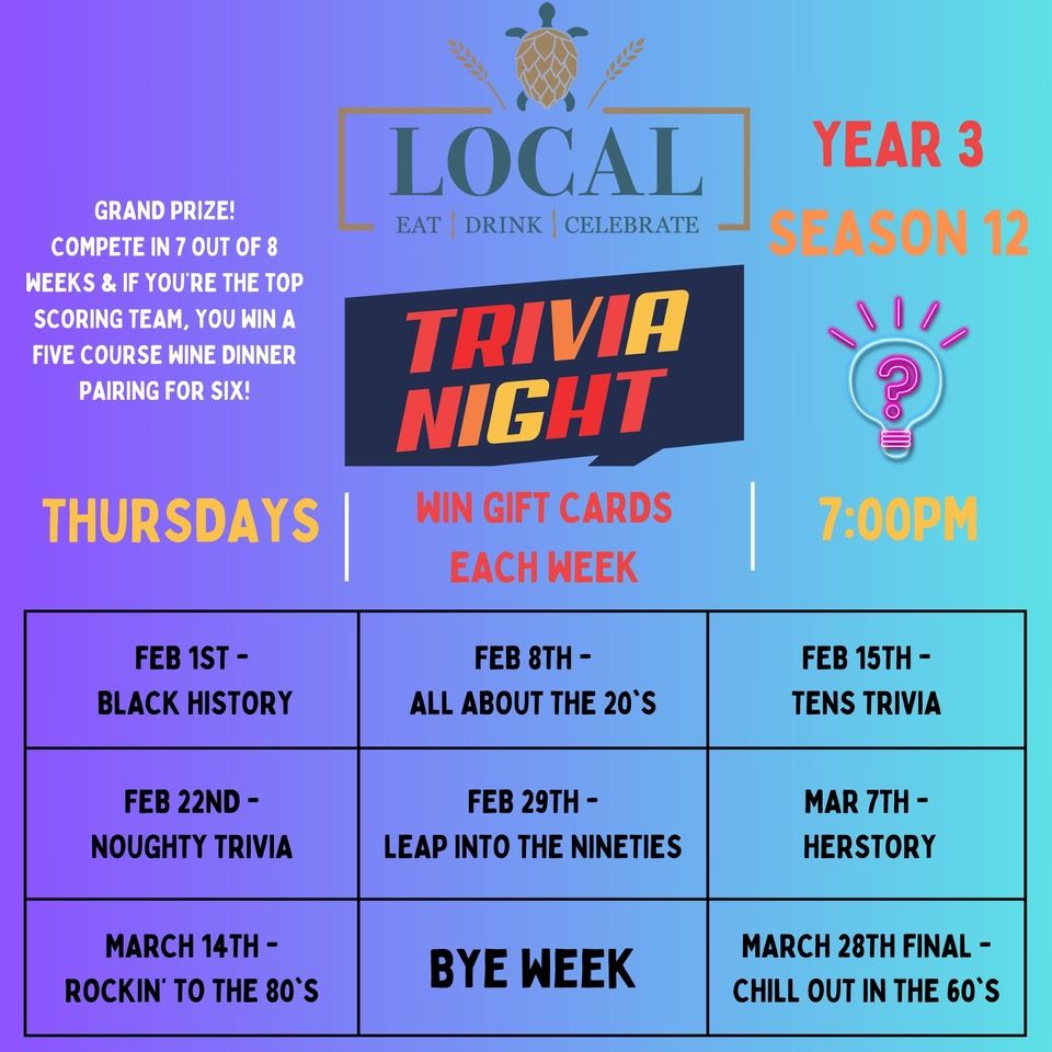 Thursday night Trivia Season Twelve Week 7 Rockin to the 80sTrivia , Local Eat Drink Celebrate