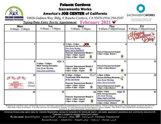February Calendar - Folsom Cordova Job Center, Folsom Cordova Job February Calendar - Folsom Cordova Job Center, Folsom Cordova Job