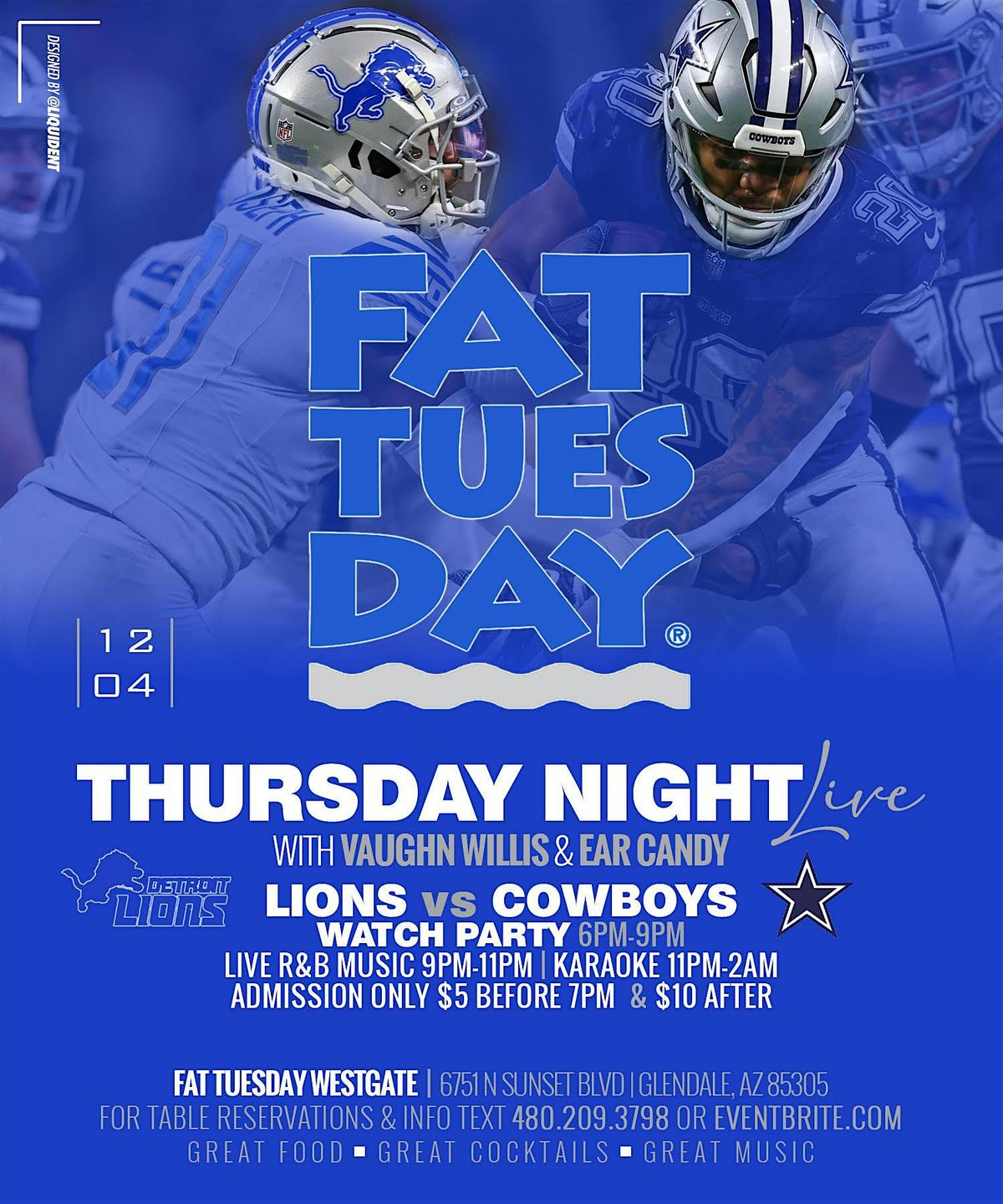 Lions vs Cowboys Watch Party //DETROIT TAKEOVER@ Fat Tuesday Westgate! 12/4, 4 December | Event in Glendale