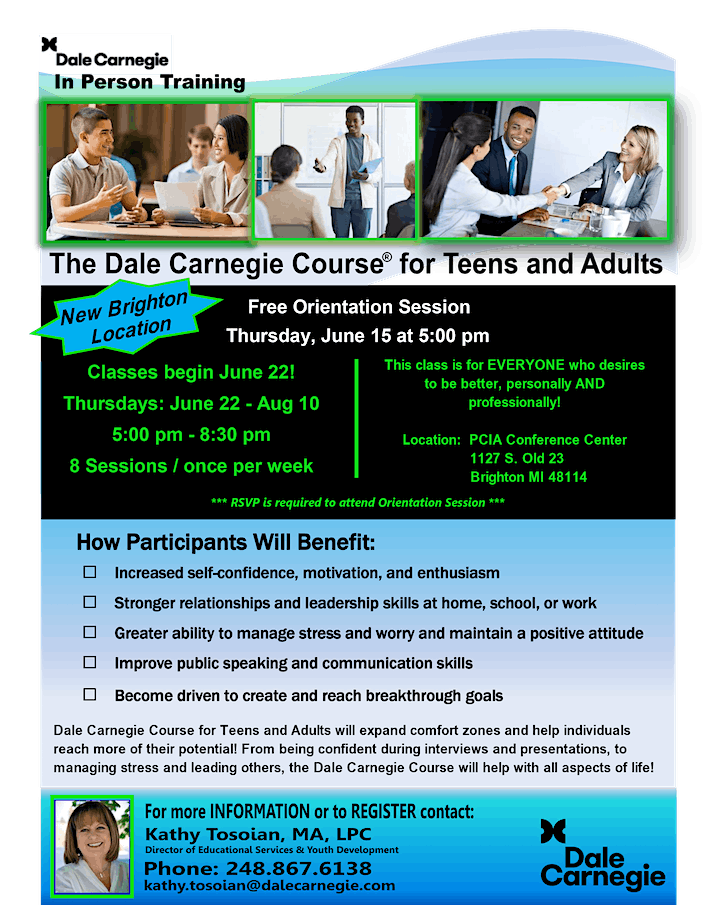 Dale Carnegie Course® Orientation for Teens + Adults, PCIA Conference  Center, Brighton, 15 June