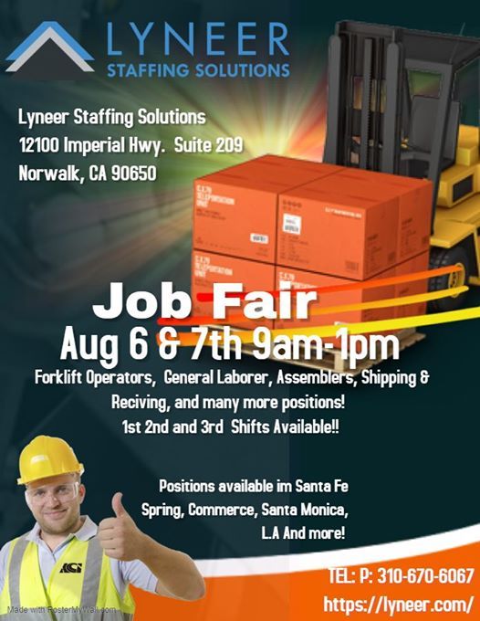 Lyneer Staffing Solutions Job Fair!, 12100 Imperial Hwy. Suite 209