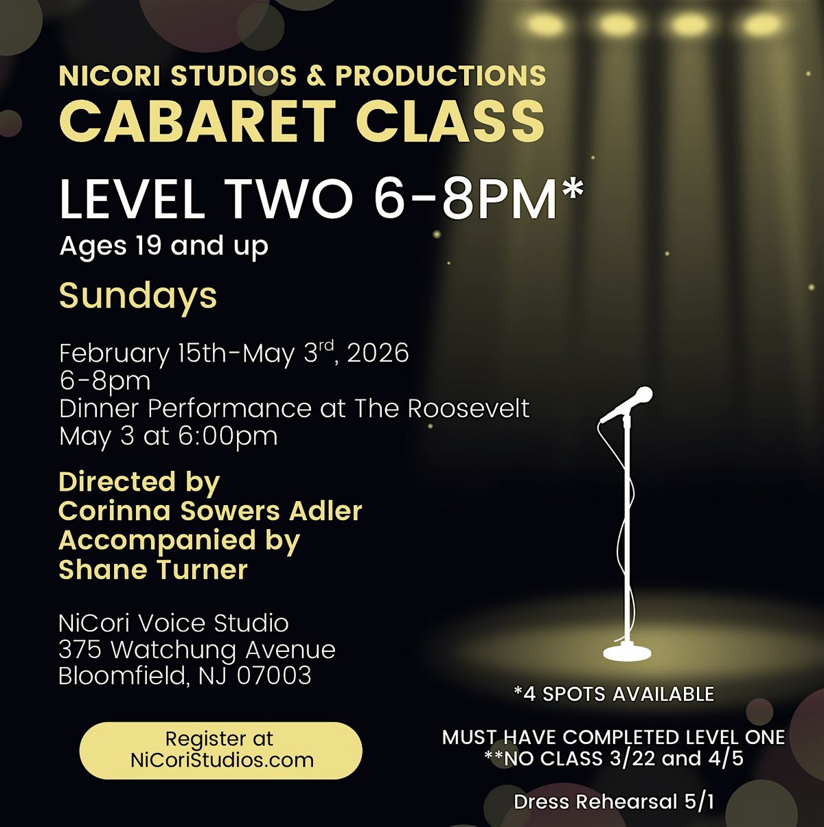NiCori Cabaret Class LEVEL TWO 6:00-8:00pm, 15 February | Event in Bloomfield | AllEvents