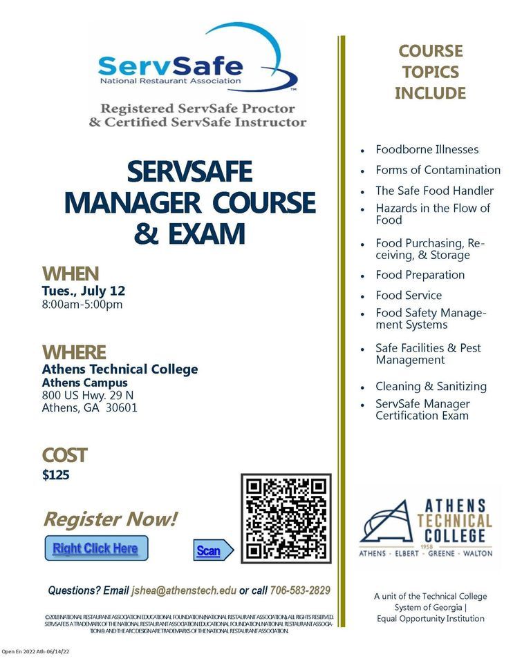 ServSafe Manager Course & Exam, Athens Technical College, July 12 2022
