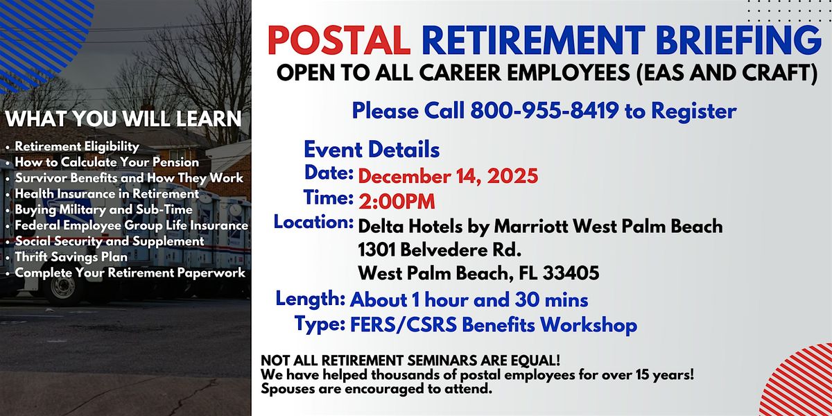 Postal Retirement Seminar West Palm Beach - 12/14/25, 14 December | Event in West Palm Beach | AllEvents