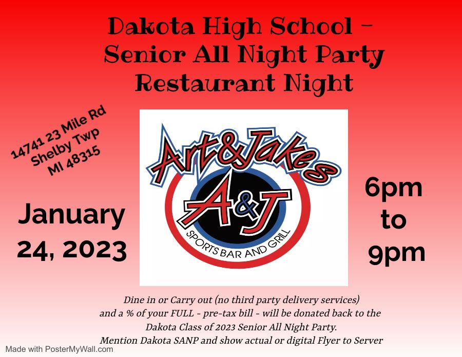 Dakota Senior All Night Party 2023 Restaurant Night Art & Jakes