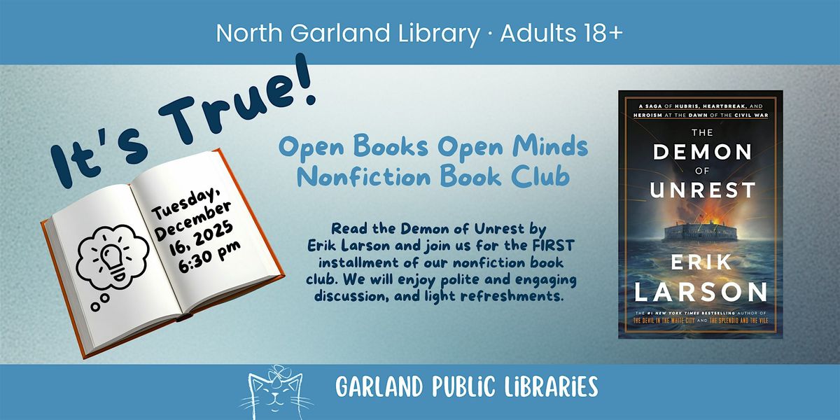 Open Book Open Minds Nonfiction Book Club, 16 December | Event in Garland | AllEvents