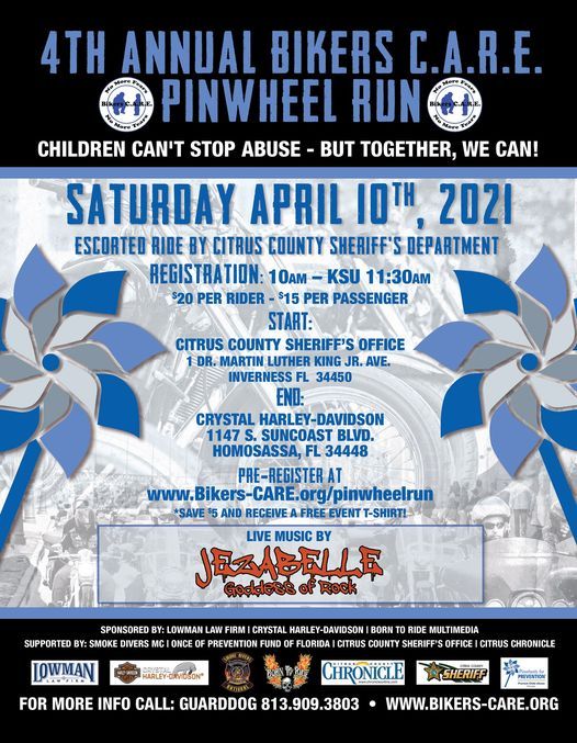 4th Annual Bikers C A R E Pinwheel Run Crystal Harley Davidson Homosassa April 10 2021 Allevents In Christmas Show Citrus County Fl 2021