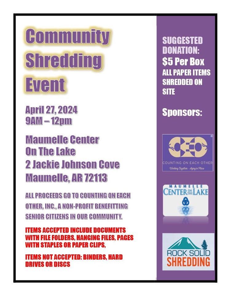 Community Shredding Event, Maumelle Center on the Lake, 27 April 2024