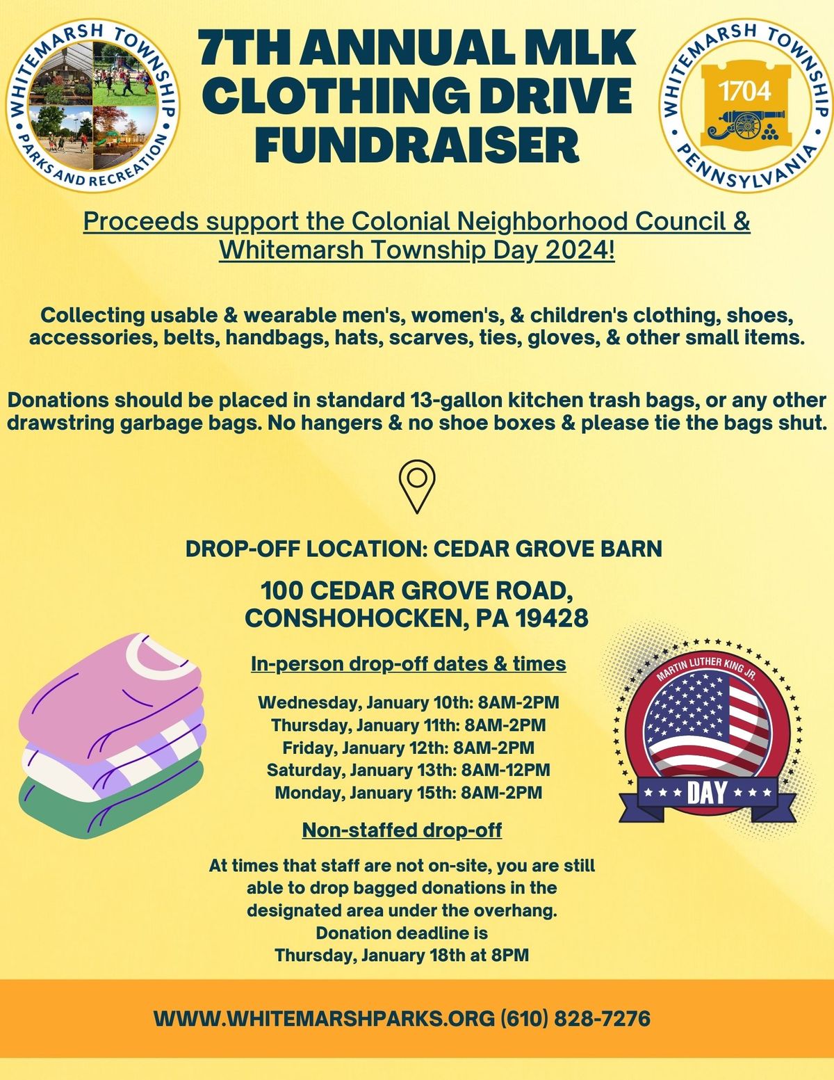 7th Annual MLK Clothing Drive Fundraiser, Cedar Grove Park Whitemarsh