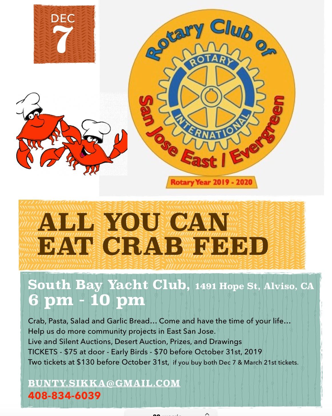 All you can Eat Crab Feed, The South Bay Yacht Club, San Jose, December