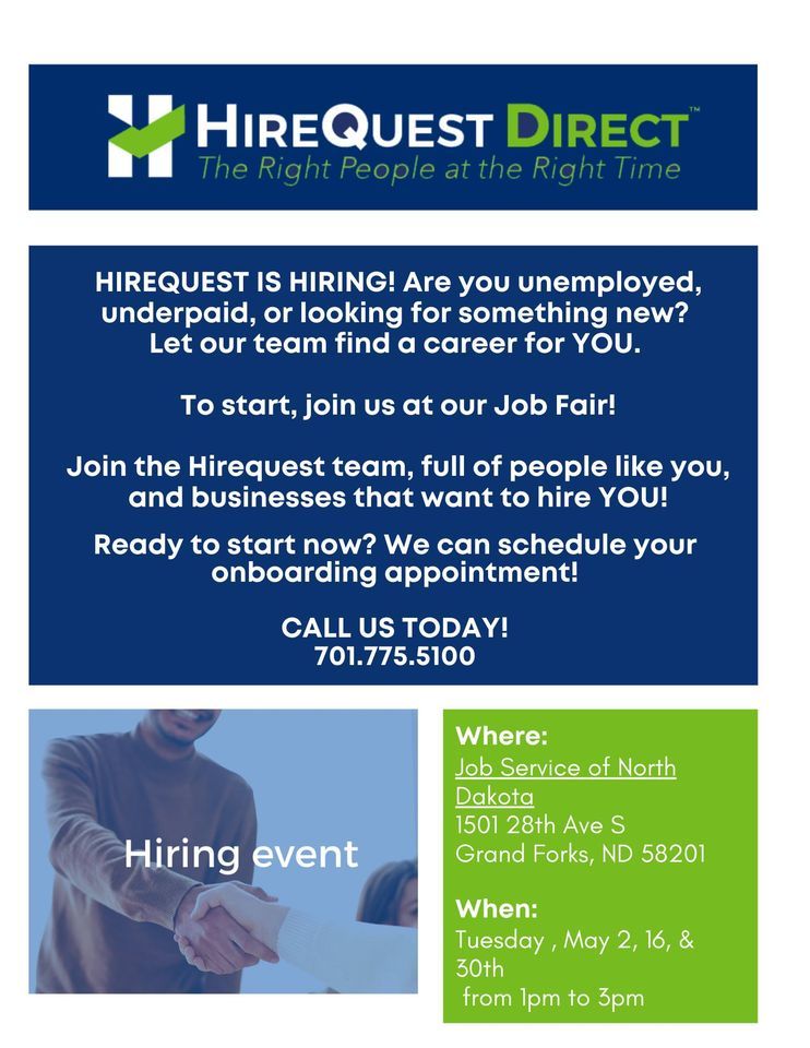 HireQuest Direct Tuesday Hiring Events at the Grand Forks Workforce Center, Job Service ND Grand