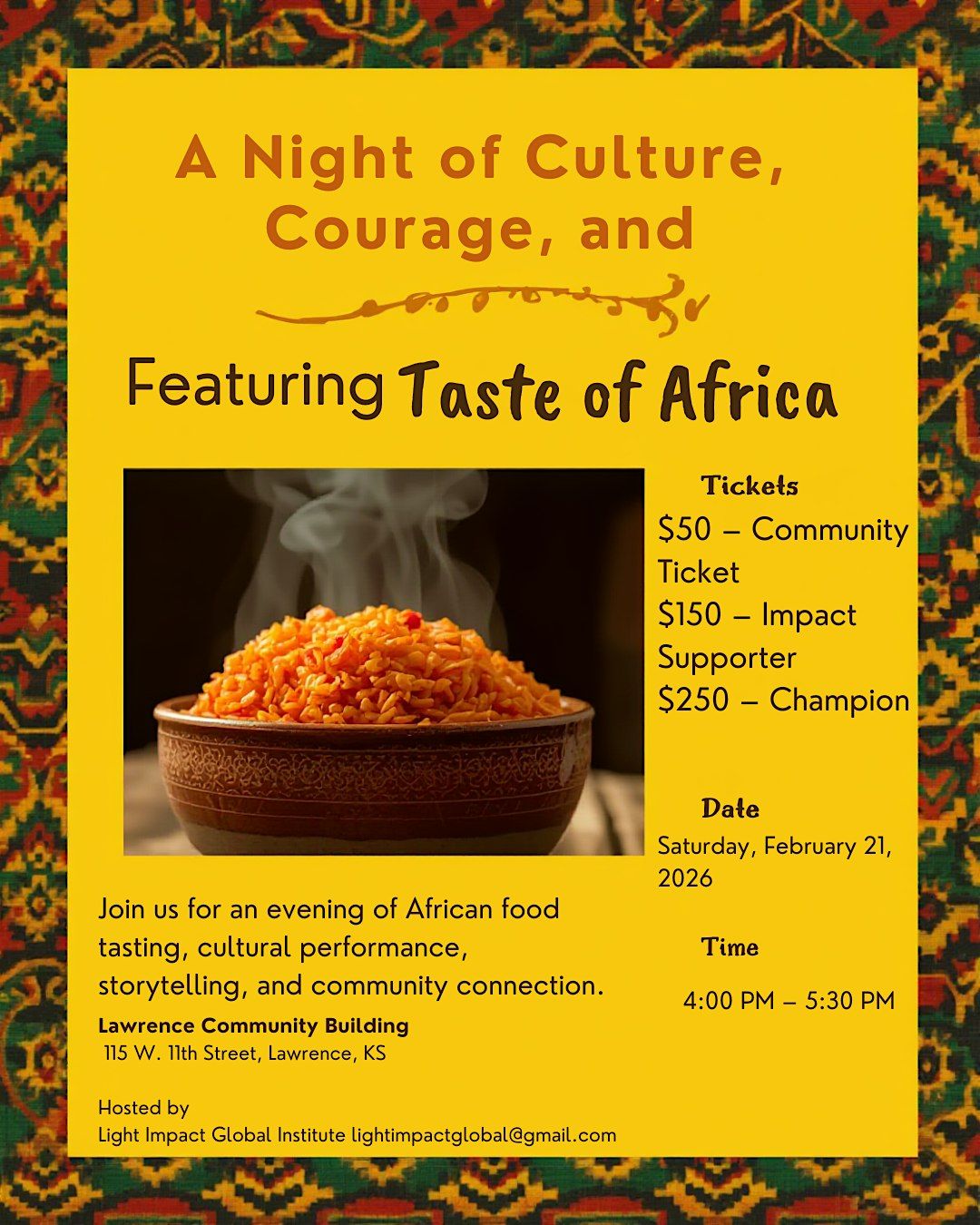 A Night of Culture, Courage, and Community Featuring Taste of Africa, 21 February | Event in Lawrence | AllEvents