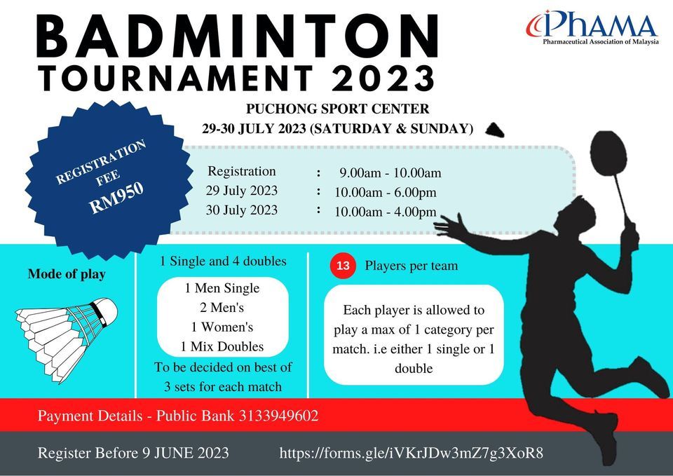 PhAMA Badminton Tournament 2023, Puchong Sports Centre, 29 July to 30