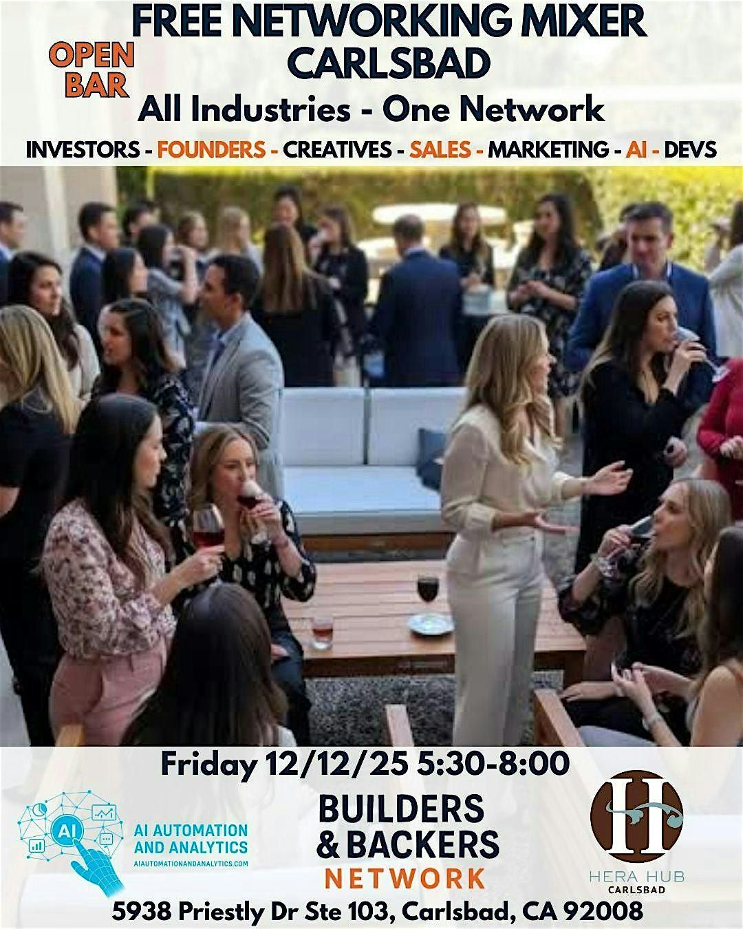 Builders & Backers Networking Mixer - Open Bar- SD - Carlsbad, 12 December | Event in Los Angeles | AllEvents