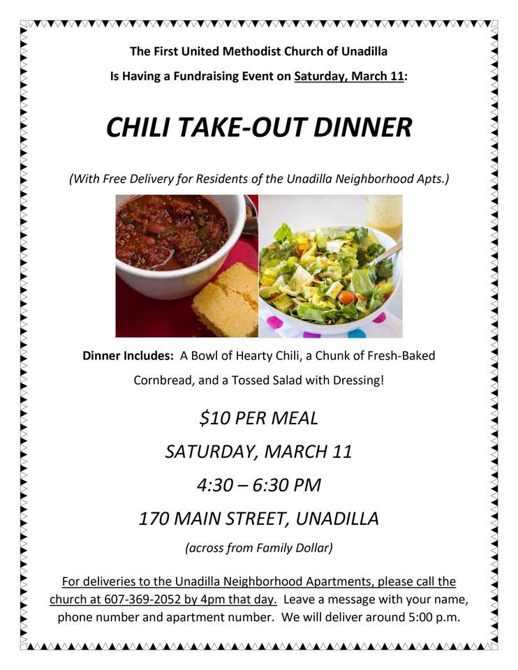 Chili Takeout Dinner, Unadilla First United Methodist Church, 11 March