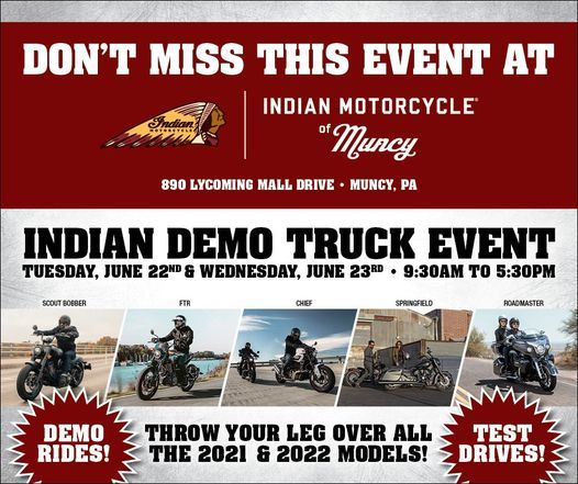 Indian Motorcycle Demo Truck Event 890 Lycoming Mall Dr Muncy Pa 17756 7870 United States June 22 To June 23 Allevents In Lycoming Mall Muncy Pa Holiday Hours 2022