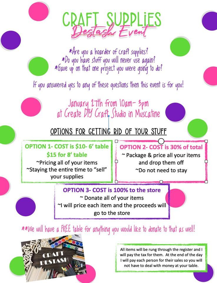 Craft Destash Event, Create DIY Craft Studio 208 West 2nd Street