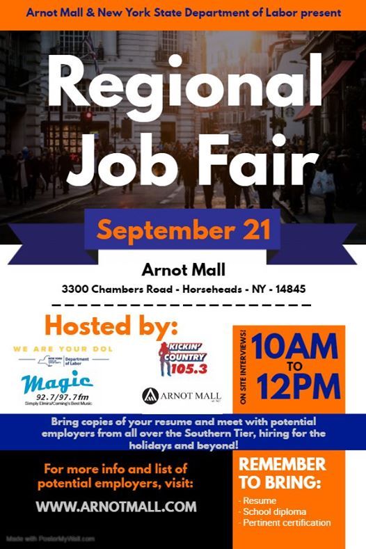 Regional Job Fair, Arnot Mall, Horseheads, September 21 2019 AllEvents.in