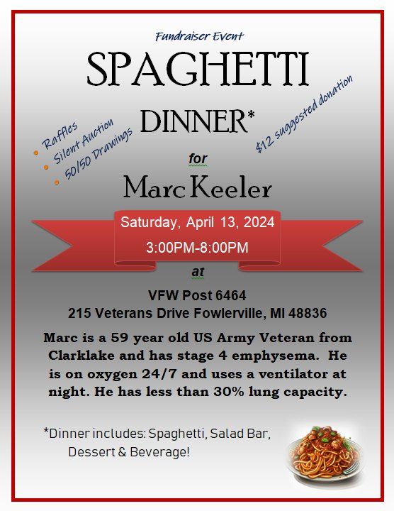 Spaghetti Dinner Fundraiser for Marc Keeler, 215 Veterans Dr