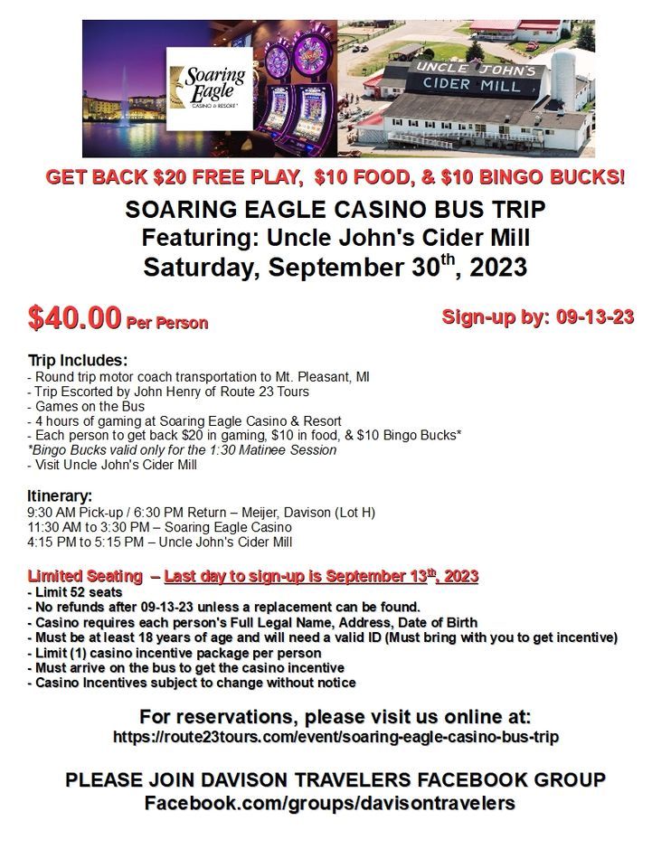Soaring Eagle Casino Bus Trip with Uncle Johns Cider Mill, Meijer