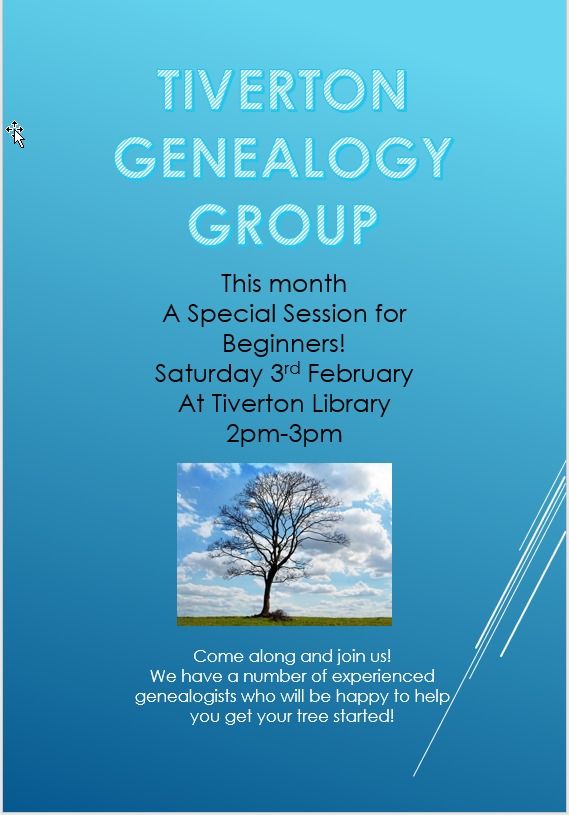 Tiverton Genealogy Beginners Session, Tiverton Library, February 3 2024