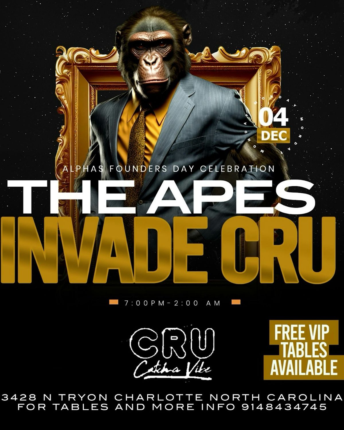The Apes Invade Cru! Founders day tribute $7 drinks $150 bottles free vip, 4 December | Event in Charlotte