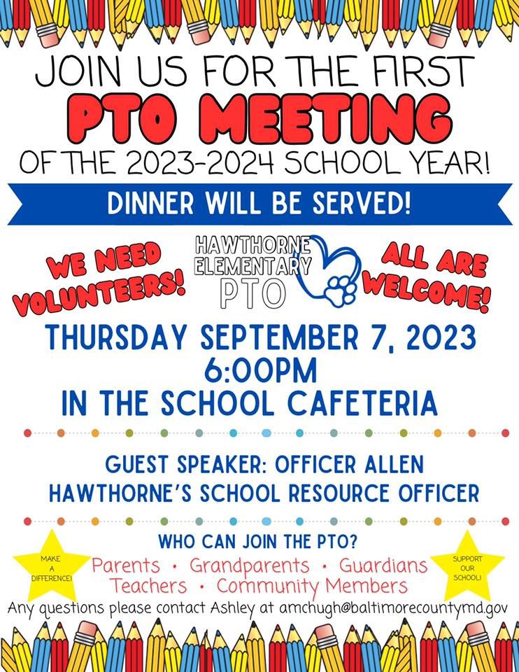 First PTO Meeting of 20232024, Hawthorne Elementary, Rosedale