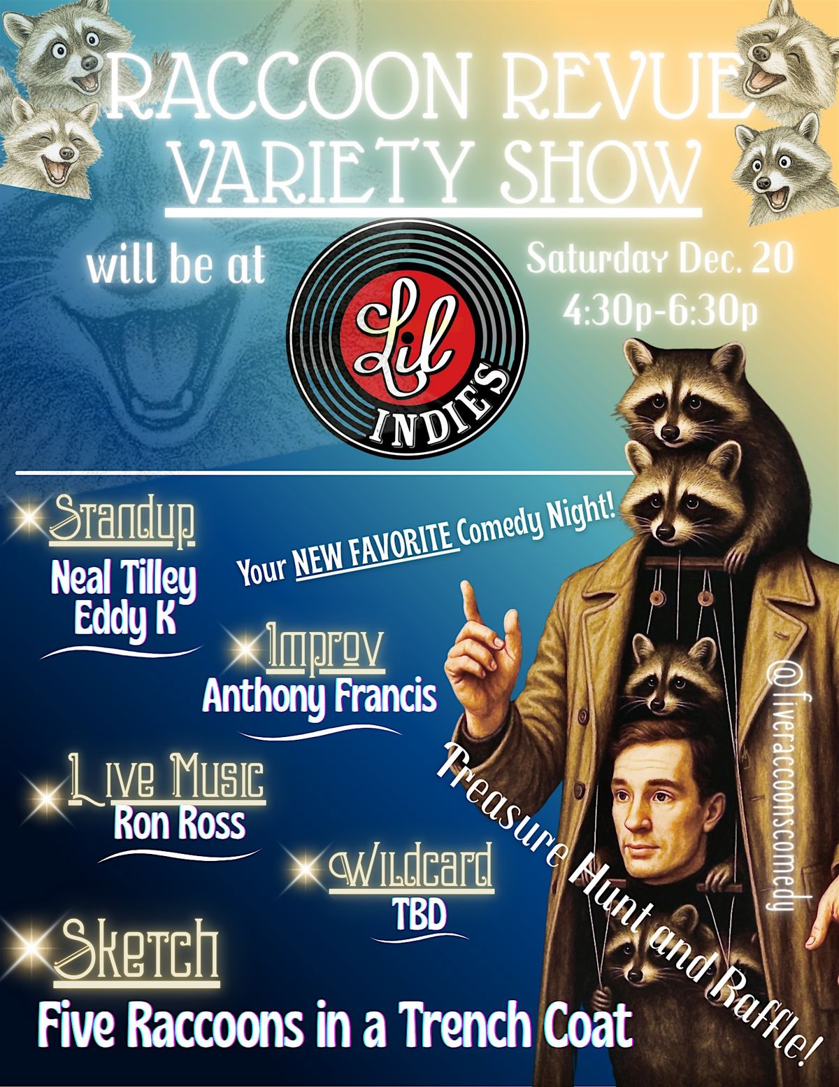 The Raccoon Revue Variety Show @ Lil' Indies, 20 December | Event in Orlando | AllEvents