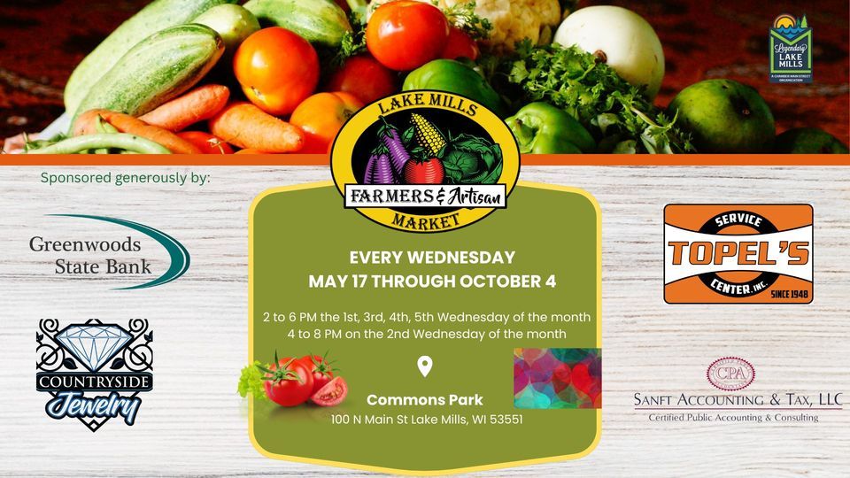 Visit us at Lake Mills Farmers Market, Commons Park, Lake Mills, June