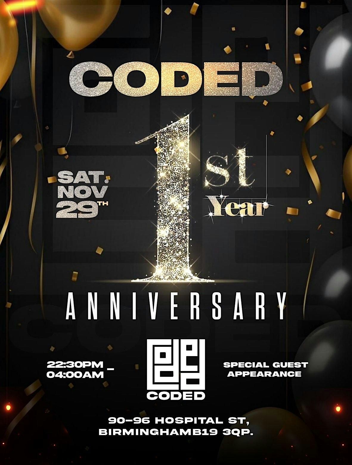 CODED 1YEAR ANNIVERSARY, 29 November | Event in Birmingham | AllEvents
