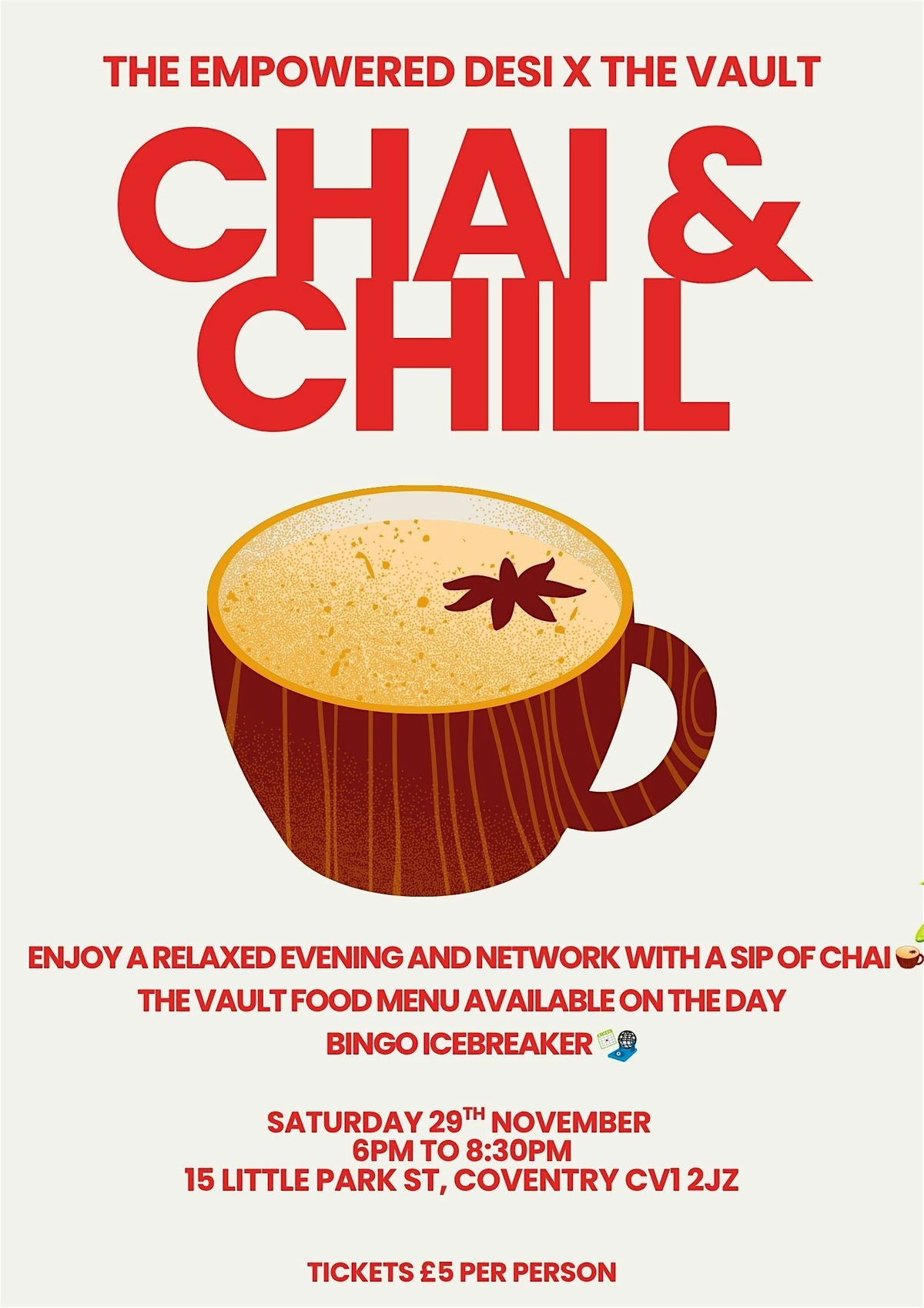 Chai & Chill - The Empowered Desi X The Vault, 29 November | Event in Coventry | AllEvents