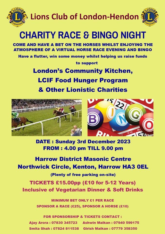 Charity Race & Bingo Night Lions Club of Hendon, Harrow Masonic