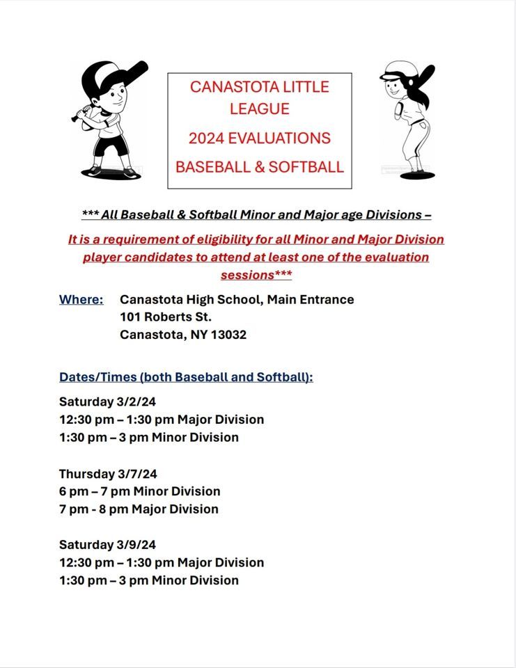 CANASTOTA LITTLE LEAGUE 2024 EVALUATIONS BASEBALL & SOFTBALL, Canastota