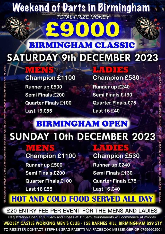 £9000.00 WEEKEND OF DARTS IN BIRMINGHAM 2023, Weoley Castle Working Men