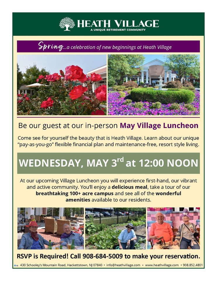 Spring Village Luncheon, Heath Village Retirement Community, Hackettstown, May 3 2023 AllEvents.in