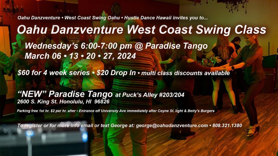 Oahu Danzventure West Coast Swing Dance Class, Paradise Tango, Waikiki