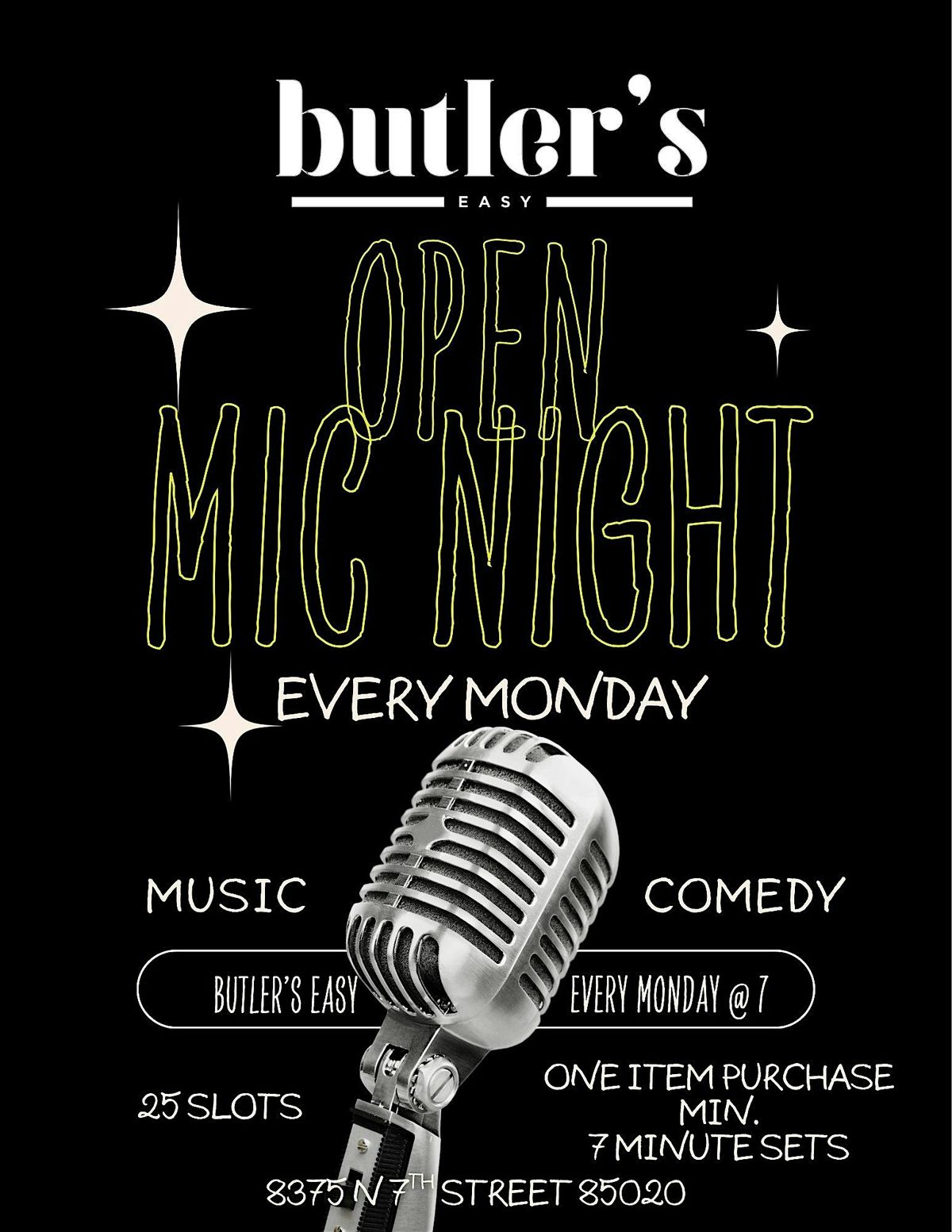 Open Mic Night at Butlers Easy feat Comedy and Music