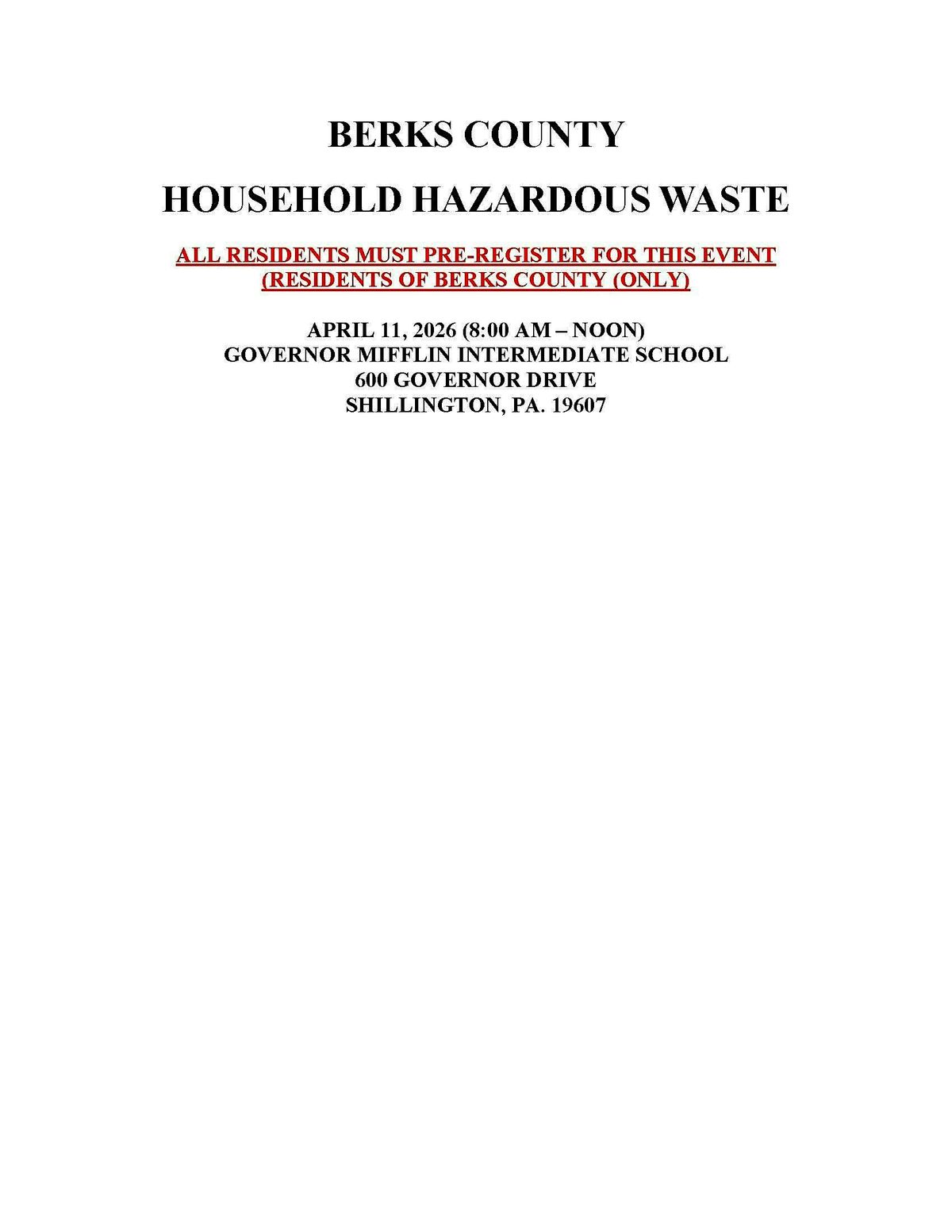 Berks County Household Hazardous Waste Collection - Spring 2026, 11 April | Event in Reading | AllEvents