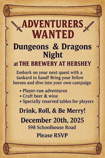 Dungeons & Drafts at The Vineyard at Hershey, 20 December | Event in Middletown | AllEvents