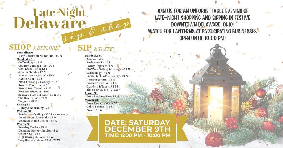 12/9/23 Late Night Delaware Sip & Shop! , Downtown Delaware, 9 December