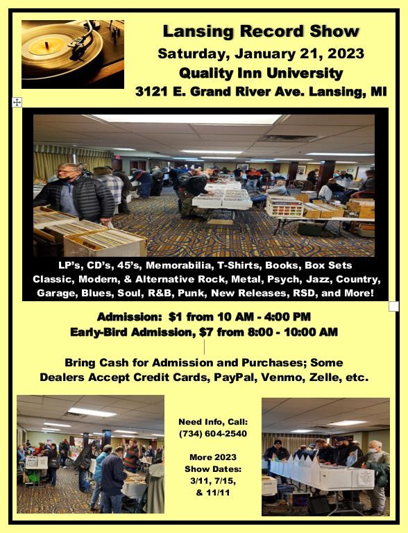 Lansing Record Show, Quality Inn University (3121 E. Grand River Ave