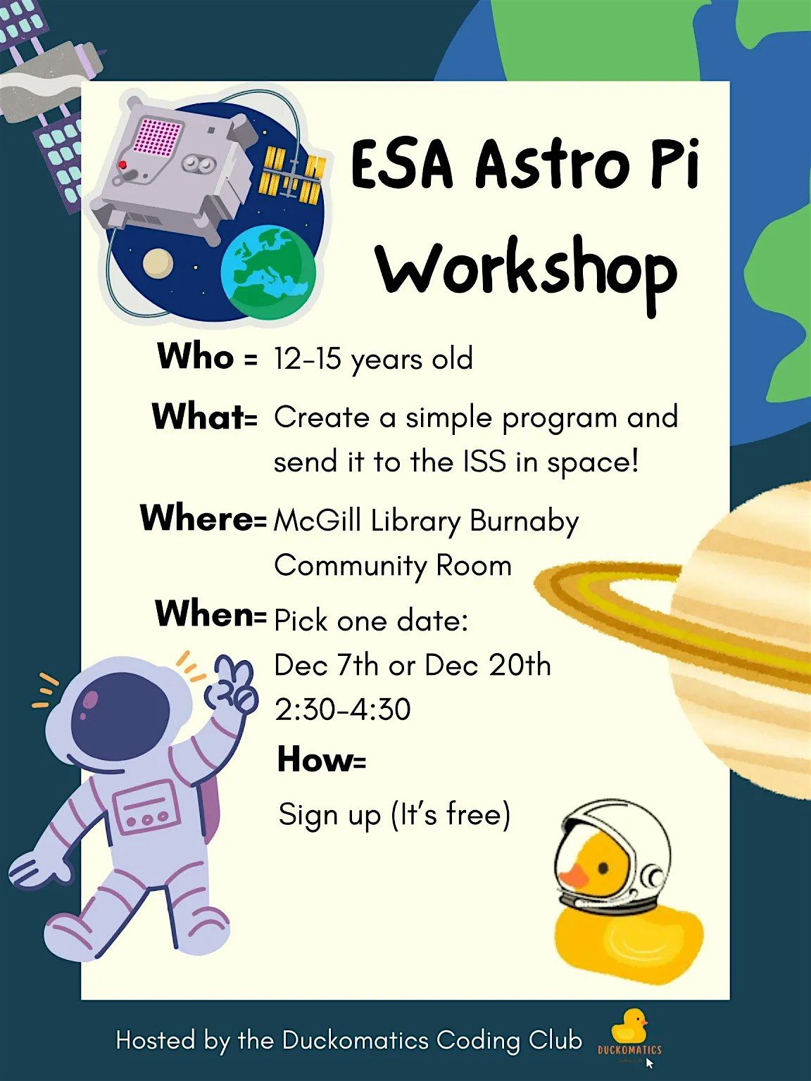 * FREE * ESA Mission Zero Python Coding Workshop (12 -15 years old), 20 December | Event in Burnaby | AllEvents
